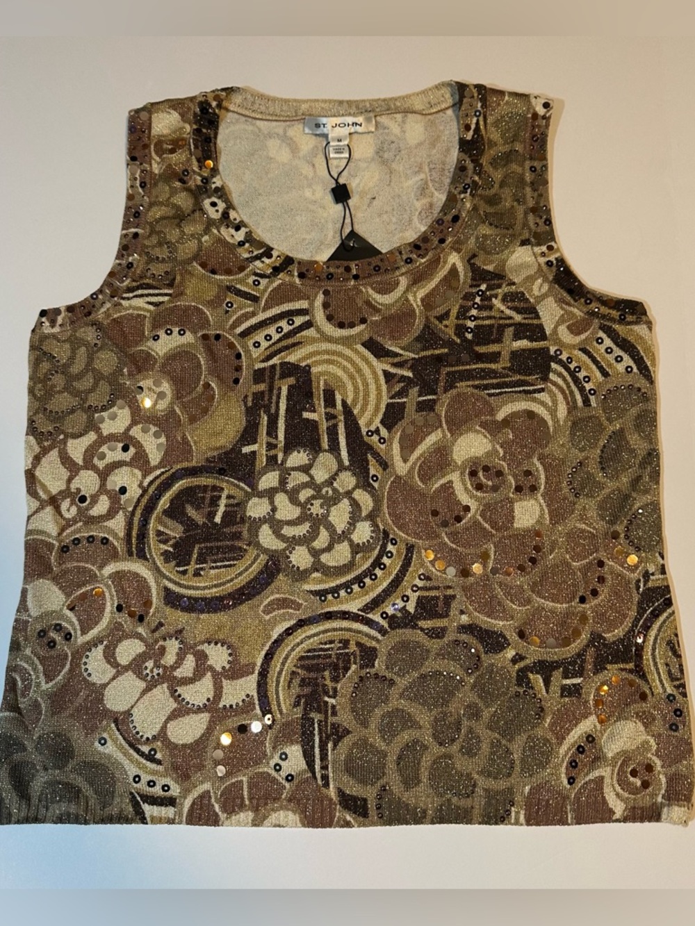 St John Sweater Vest Santana Knit Brown Floral Jeweled Sequined